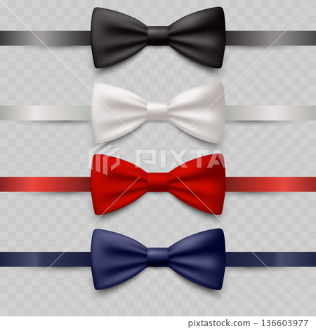 Realistic Satin Bow Tie Set with Ribbons. Vector Black, White, Red and Blue Silk Knots for Tuxedo or Gift. Realistic Satin Bow Tie Set with Ribbons. Vector Black, White, Red and Blue Silk Knots for Tuxedo or Gift. 136603977