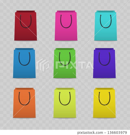 Realistic Colorful Paper Shopping Bag Set. Vector Multi-Colored Gift Packaging Mockups with Rope Handles. Realistic Colorful Paper Shopping Bag Set. Vector Multi-Colored Gift Packaging Mockups with Rope Handles. 136603979