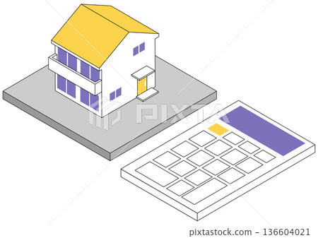 獨立式住宅的等距插圖以及房地產和貨幣計算器圖像 136604021