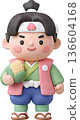 3D clay-style illustration of Momotaro holding a kibi dango and Children's Day image 136604168