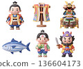 Children's Day May dolls, armor, and Momotaro 3D clay-style illustration set 136604173