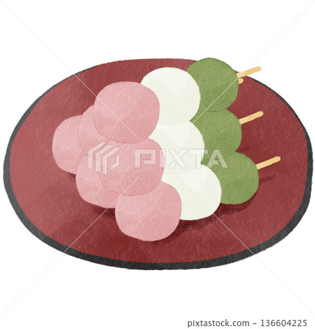 Watercolor-style three-colored dumplings | Spring Japanese sweets, cherry blossoms, cherry blossom viewing, skewers of dumplings, Japanese sweets 136604225