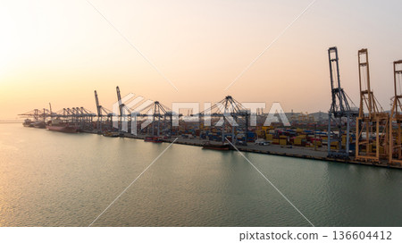 Aerial view Container cargo ship loading unloading container import export sea port, Global trade business container cargo ship freight shipping commercial trade logistic transportation international. 136604412
