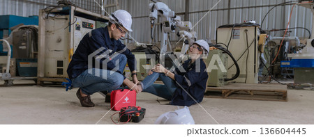 First aid support accident at work of worker at factory.  136604445