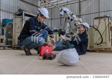 First aid support accident at work of worker at factory.  136604447