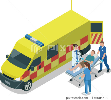 Medical staffs taking patient into ambulance 136604590