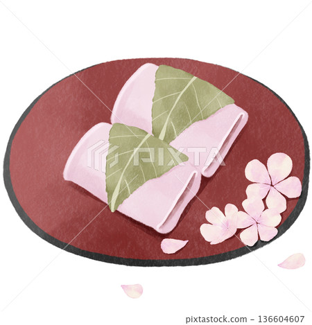 水彩風格的櫻餅 | 春季日式甜點，道明寺，長明寺，賞櫻，女兒節 136604607