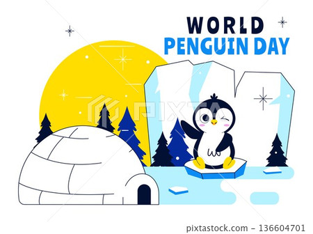 World Penguin Day Celebration Vector Illustration Featuring Cute Antarctic Penguins In A Festive Polar Wildlife Scene Flat Background 136604701