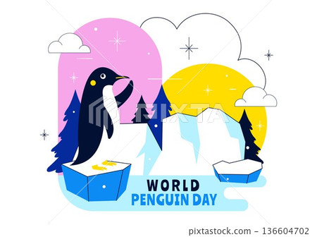 World Penguin Day Celebration Vector Illustration Featuring Cute Antarctic Penguins In A Festive Polar Wildlife Scene Flat Background 136604702