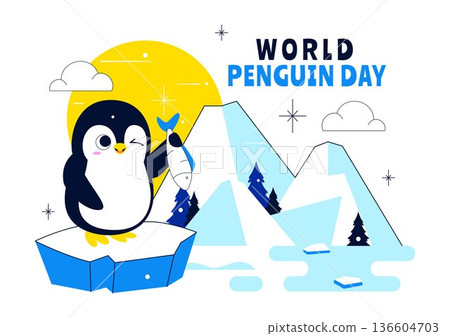 World Penguin Day Celebration Vector Illustration Featuring Cute Antarctic Penguins In A Festive Polar Wildlife Scene Flat Background 136604703