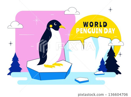 World Penguin Day Celebration Vector Illustration Featuring Cute Antarctic Penguins In A Festive Polar Wildlife Scene Flat Background 136604706