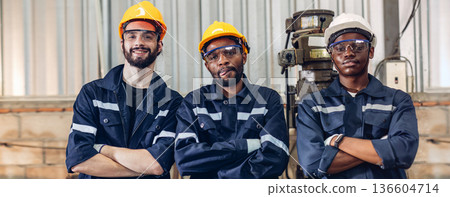 Team Workers Factory or Team Engineering work at factory site check up machine or products in site.  136604714