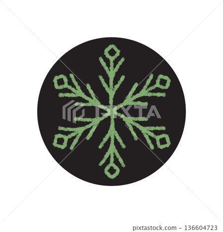 Crayon snowflake ornament sticker with a green element on black circle. Winter symbol for box or xmas, cold chill and frost accent, snow flake design as seasonal packaging detail. 136604723