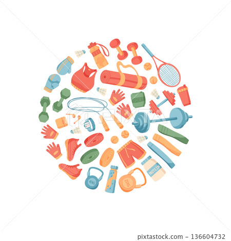 Colorful circle of sport equipment in a flat style. Gym tools, workout accessories, and fitness items create a vibrant concept. Ideal for exercise themes and banner design. 136604732