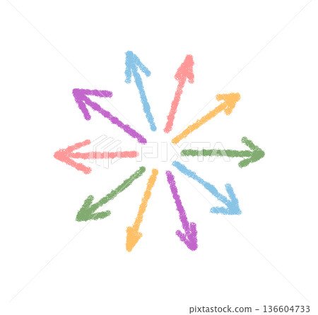 Pastel chalk arrow icon in hand drawn sketch style. Color symbol with crayon element and pointer direction in textured form, set as unique icon or bright arrow element for creative art use. 136604733