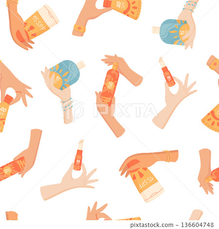 Sunscreen bottle seamless flat pattern, spf cream and lotion tube container set pattern. Sunblock and sun care products hold a variety of shapes. Ideal cosmetics pattern for summer product packaging Sunscreen bottle seamless flat pattern, spf cream and lotion tube container set pattern. Sunblock and sun care products hold a variety of shapes. Ideal cosmetics pattern for summer product packaging 136604748