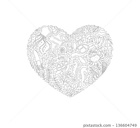Underwater heart shape sticker with marine life outline. Concept of ocean flora and fauna with coral, seaweed, and aquatic creatures. Detailed doodle featuring turtle seahorse, ideal for nature 136604749