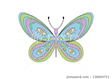 Groovy psychedelic retro butterfly cartoon in colorful style with trippy eye pattern. Hippie groovy element gives retro pop effect and bold graphic for playful concepts in modern retro cartoon theme. 136604751