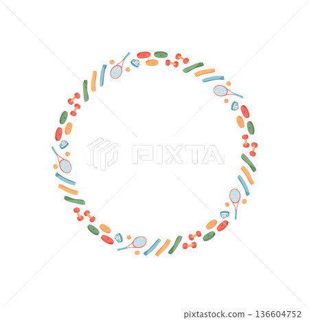 Colorful minimal round frame with seamless border and sport equipment. Circle ornament features gym items like dumbbells and badminton rackets. Vibrant pattern ideal for workout banners or fitness 136604752