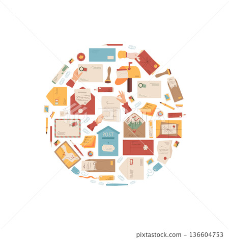 Mail letter sticker flat cartoon icon circle. Envelope and postcard with stamp, note, post concept. Creative correspondence, message on paper, trendy postal communication, stationery icon set. Mail letter sticker flat cartoon icon circle. Envelope and postcard with stamp, note, post concept. Creative correspondence, message on paper, trendy postal communication, stationery icon set. 136604753