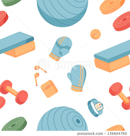 Colorful seamless pattern with fitness equipment and workout tools in a flat design. Dynamic exercise theme with gym items arranged in repeat style. Perfect for sport and healthy lifestyle concepts. Colorful seamless pattern with fitness equipment and workout tools in a flat design. Dynamic exercise theme with gym items arranged in repeat style. Perfect for sport and healthy lifestyle concepts. 136604760