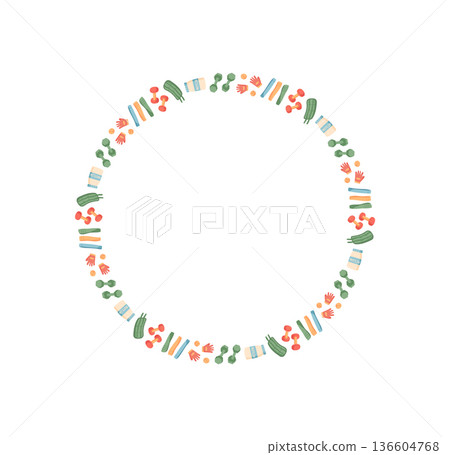 Minimal round border with fitness and wellness pattern. Ornament with dumbbells, food, and vegetables symbolizes sport, gym, workout themes. Vibrant healthy visual concept. Minimal round border with fitness and wellness pattern. Ornament with dumbbells, food, and vegetables symbolizes sport, gym, workout themes. Vibrant healthy visual concept. 136604768