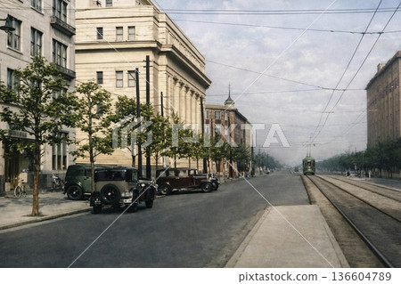 Old photo of Otemachi Street, Tokyo, 1932 (black and white photo colorized using AI) 136604789