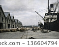 Old photo of Shibaura Pier in Tokyo Port, 1932 (black and white photo colorized using AI) 136604794