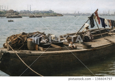 Vintage photo from 1932, showing life on the water at the Sumida River in Tokyo (black and white photo colorized using AI) 136604797