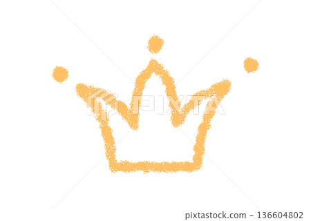 Crown icon with crayon pastel doodle style in bright yellow. Decorative symbol badge and graphic element. Artistic crown as hand drawn accent for playful decor and ornament projects. 136604802