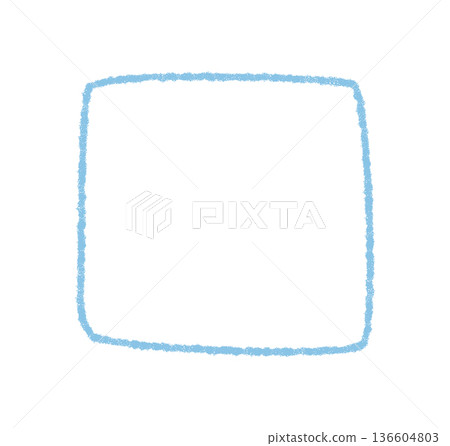Blue crayon sketch square frame outline with organic contour. Hand drawn border and text box element blends rectangle and box shapes. Decorative background suits graphic template use. 136604803