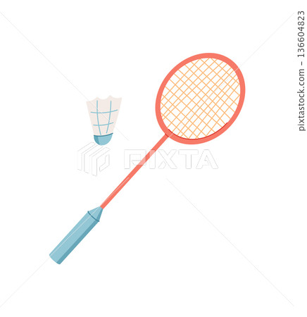 Flat badminton racket and shuttlecock cartoon icon. Sport equipment for workout and gym activities. Gear for play competition on court. Fitness healthy lifestyle tool dynamic activity training. 136604823