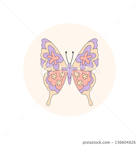Groovy retro butterfly sticker with floral and pastel pattern in a circle shape. Pastel package seal for lid, this y2k graphic brings a playful and trendy touch as package or seal accent. 136604826
