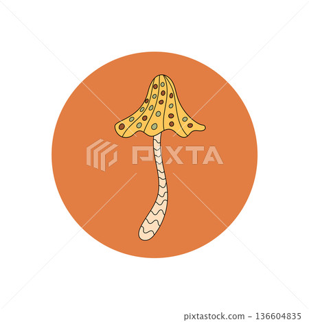 Groovy retro magic mushroom sticker has orange and yellow color in a circle. Shroom in y2k style serves as a fun seal for package lid, with playful design and vintage mood. Groovy retro magic mushroom sticker has orange and yellow color in a circle. Shroom in y2k style serves as a fun seal for package lid, with playful design and vintage mood. 136604835