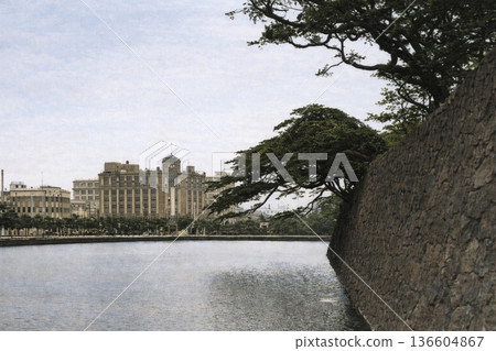 Vintage photo from 1932 in Tokyo, showing the Hibiya Moat and Mimatsu Department Store from Babasakimon Gate (black-and-white photo colorized using AI) 136604867