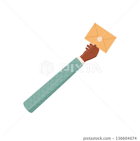 Flat hand hold message for feedback. Isolated symbol of client communication and customer opinion. Review and message concept in simple icon style, modern element. 136604874