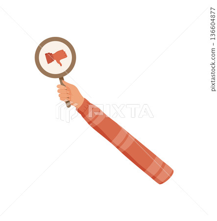 Flat hand holding bad feedback symbol. Circle with downward gesture and opinion icon. Review expression concept, isolated style, useful for customer satisfaction or evaluation scenarios. Flat hand holding bad feedback symbol. Circle with downward gesture and opinion icon. Review expression concept, isolated style, useful for customer satisfaction or evaluation scenarios. 136604877