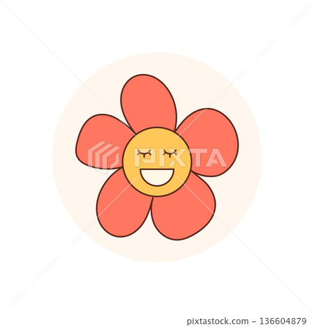 Groovy flower smile sticker in colorful cartoon with retro round shape. Happy symbol and circle seal as package lid. Perfect emblem for y2k package or trendy label design. Groovy flower smile sticker in colorful cartoon with retro round shape. Happy symbol and circle seal as package lid. Perfect emblem for y2k package or trendy label design. 136604879