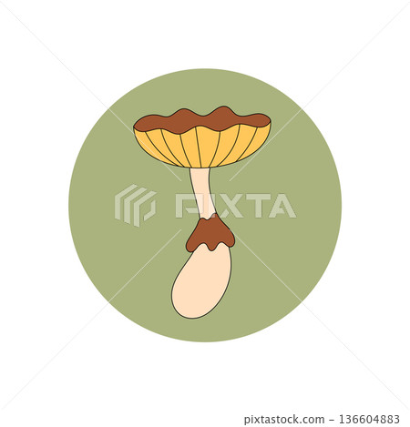 Groovy retro mushroom sticker badge with yellow shroom symbol on a circle. Fun seal and badge for package or lid, y2k style with playful and trendy look, ideal for funky product labeling. Groovy retro mushroom sticker badge with yellow shroom symbol on a circle. Fun seal and badge for package or lid, y2k style with playful and trendy look, ideal for funky product labeling. 136604883