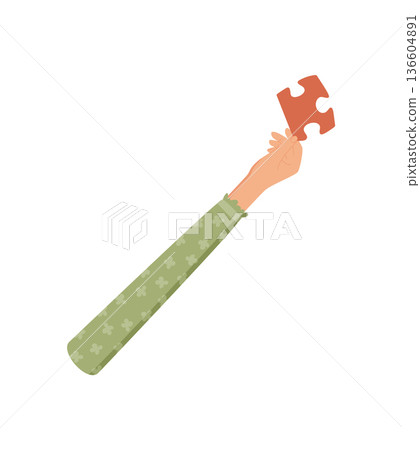 Flat cartoon of a hand holding a puzzle piece. Symbol of teamwork and support, the gesture reflects giving and collaboration. Creative visual for community building problem concepts. 136604891