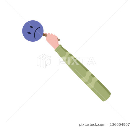 Cartoon hand holding a circular feedback icon. Review and rate symbol representing customer satisfaction and opinion. Business comment element, modern playful style, isolated. Cartoon hand holding a circular feedback icon. Review and rate symbol representing customer satisfaction and opinion. Business comment element, modern playful style, isolated. 136604907