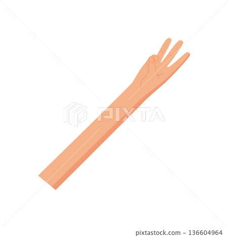 Flat style hand gesture showing number three. Bare human hand with three fingers up in a counting pose. Minimal concept of signal isolated on white background, simple and graphic style. Flat style hand gesture showing number three. Bare human hand with three fingers up in a counting pose. Minimal concept of signal isolated on white background, simple and graphic style. 136604964