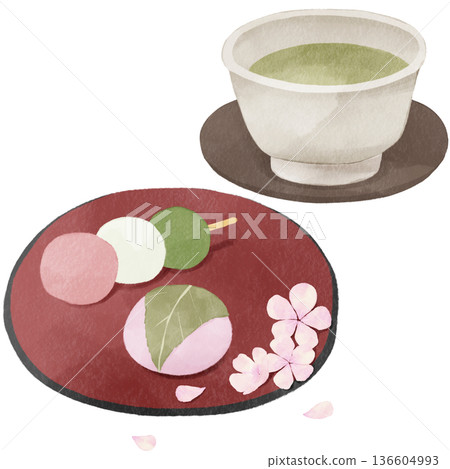 Watercolor-style three-colored rice dumplings and sakura mochi | Spring Japanese sweets, cherry blossom viewing, Domyoji, Hinamatsuri Watercolor-style three-colored rice dumplings and sakura mochi | Spring Japanese sweets, cherry blossom viewing, Domyoji, Hinamatsuri 136604993