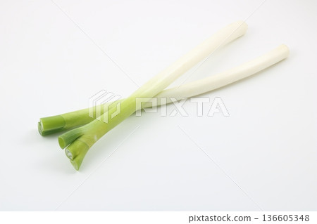 Two fresh white onions lined up on a white background 136605348