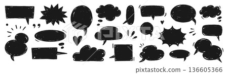 Speech bubble doodle set. Speech doodle bubble crayon hand drawn sketch text chalk comic frame background. Child cartoon chat drawing with crayon texture sticker decoration. Vector Speech bubble doodle set. Speech doodle bubble crayon hand drawn sketch text chalk comic frame background. Child cartoon chat drawing with crayon texture sticker decoration. Vector 136605366