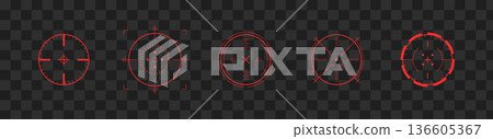 Crosshair Hud red. Combat game interface with navigation Hud. Aiming reticle for futuristic shooter or military simulation with radar and tech panel elements. Modern Vector illustration 136605367