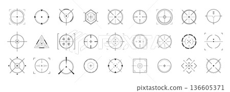 Crosshair Hud. Goal oriented weapon UI and telescope viewfinder. Collection of modern digital target icons. Vector eps 10 Crosshair Hud. Goal oriented weapon UI and telescope viewfinder. Collection of modern digital target icons. Vector eps 10 136605371