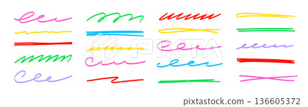 Line color brush underline set. Line underline brush hand drawn pen marker strokeswoosh, squiggle shape..Doodle scribble wavy wave highlight handwriting ink shape background. Vector 136605372