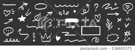 Marker line brush arrow, underline, highlight scribble set. Marker pen line brush hand drawn arrow stroke sketch element shape on chalkboard. Doodle underline circle frame icons. Vector 136605373