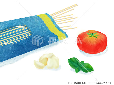 Watercolor spaghetti with tomato, garlic, and basil ingredients illustration. Italian pasta ingredients. White background. Watercolor spaghetti with tomato, garlic, and basil ingredients illustration. Italian pasta ingredients. White background. 136605584